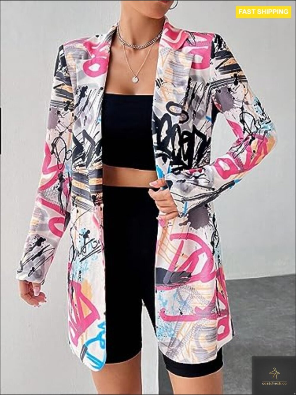 Plus Size Lapel Collar Open Front Graffiti Graphic Button Blazer Jacket - Picture 4 of 6